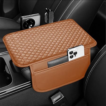 Lyrovo PU Leather Car Armrest Cushion Pad With Side Pockets, Universal Fit for All Car (Brown)