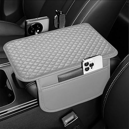 Lyrovo PU Leather Car Armrest Cushion Pad With Side Pockets, Universal Fit for All Car (Grey)