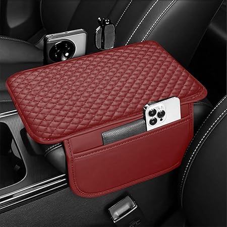 Lyrovo PU Leather Car Armrest Cushion Pad With Side Pockets, Universal Fit for All Car (Maroon)