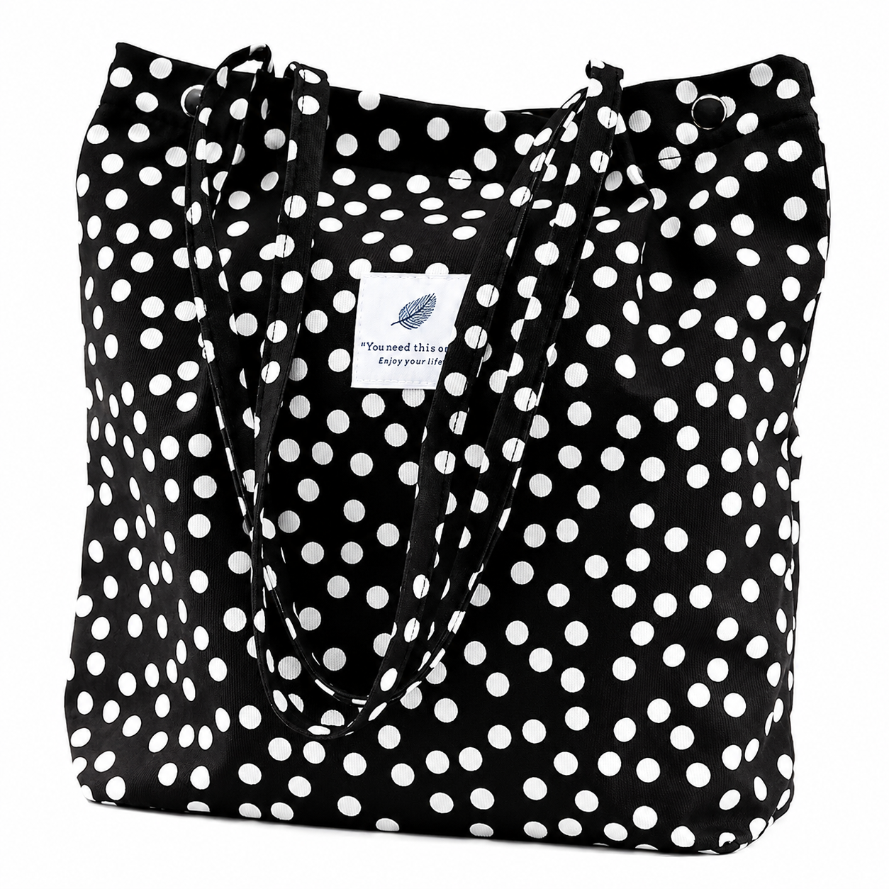 Lyrovo Women Corduroy Shoulder Tote Bag for Work Beach Travel and Shopping Grocery (White Dot)