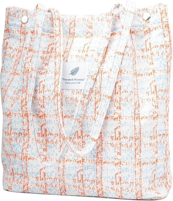 Lyrovo Women Corduroy Shoulder Tote Bag for Work Beach Travel and Shopping Grocery (Orange Cheackerd)