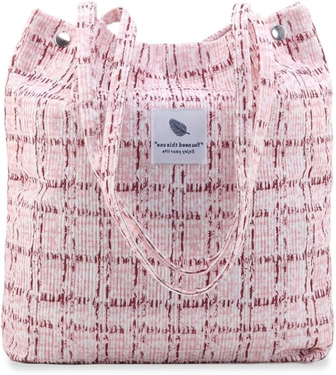 Lyrovo Women Corduroy Shoulder Tote Bag for Work Beach Travel and Shopping Grocery (Pink Cheackerd)