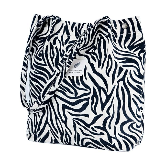 Lyrovo Women Corduroy Shoulder Tote Bag for Work Beach Travel and Shopping Grocery (ZEBRA)
